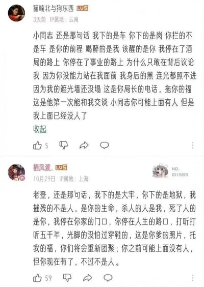 这是两张哔哩哔哩（B站）用户的评论截图，呈现了一场极具网络风格的嘴炮对决。上方用户「猫喃北与狗东西」以模拟有权势者的嚣张口吻发布评论，用「你拦的不是车是你的前程」「我上面已经没人了」等话术进行威胁式挑衅；下方用户「栖凤渡_」则以更狠辣、更具爽感的对仗句式回怼，诸如「我下的是大牢，你下的是地狱」「你之前可能上面没有人，但你现在有了，不过不是人」等内容，将对方的挑衅加倍奉还，充满了阴阳怪气的讽刺感。两条评论的点赞数分别为5和59，体现了网友对这条解气回怼内容的认可。