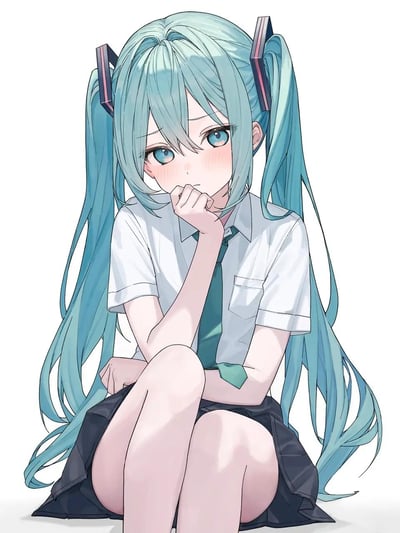 图中是VOCALOID的经典虚拟歌手初音未来，她身着简约的校园制服：白色短袖衬衫搭配绿色领带与黑色短裙，标志性的水蓝色双马尾长发自然垂落在身体两侧。她抱着膝盖坐着，一只手撑在脸颊上，脸颊泛起红晕，眼神低垂，神情带着害羞与低落，看起来有些局促不安，仿佛正为某事感到不好意思或陷入小烦恼中。