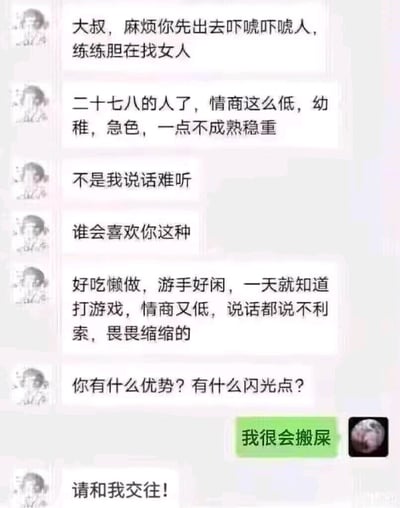 这是一张聊天记录截图，展示了一段充满调侃意味的对话。一方连续批评对方（被称为"大叔"），指出其二十七八岁却情商低、幼稚、好吃懒做、整天打游戏等缺点，并质问其有什么优势和闪光点。在一连串的批评后，对方却以"我很会搬屎"这一出人意料的回答回应，最后还加上"请和我交往！"，形成强烈的幽默反差效果。