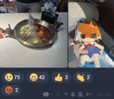 这是一张左右拼接的趣味整活梗图，左侧将东方Project中的琪露诺Fumo玩偶放置在鸳鸯火锅的小料容器中，营造出冰之妖精即将被煮进火锅的“惊险”场景；右侧则是正常状态下被人抱在怀里的琪露诺Fumo玩偶。图片下方是类抖音短视频平台的互动表情数据，流泪表情获得75次、大笑表情42次，另有点赞和鼓掌表情各3次、2次，网友通过这些表情表达对这个反差整活的哭笑不得与趣味感。