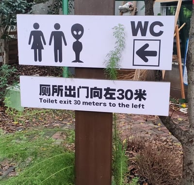 这是一张户外实拍的图片，画面主体是固定在棕色立柱上的两块上下排列的白色厕所指示牌。上方指示牌左侧依次印有女、男、外星人造型的黑色公共标识，右侧印有“WC”字样和向左的指示箭头；下方指示牌印有中文提示“厕所出门向左30米”以及对应的英文翻译。指示牌周围生长着杂草，地面散落落叶，背景可见树木、砖石路面和建筑边角，其中额外添加的外星人厕所分类标识设计十分恶搞，充满趣味性。