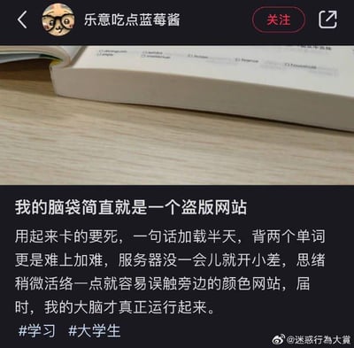 社交媒体截图，顶部显示用户“乐意吃点蓝莓酱”的头像和关注按钮，下方是一张木质桌面上打开的书籍照片，配文以幽默自嘲的方式将自己的大脑比作“盗版网站”，吐槽学习时思维卡顿、记忆困难、容易分心，最后带#学习 #大学生话题标签。