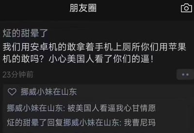这是一张微信朋友圈的截图，用户“炡的甜晕了”发布动态调侃：用安卓机的敢拿手机上厕所，用苹果机的不敢，还玩低俗谐音梗，将“隐私”谐音成脏话内容，调侃苹果手机的隐私问题；好友“挪威小妹在山东”反向玩梗评论，称被美国人看也心甘情愿，发布者则回复脏话，整体是围绕安卓和苹果手机隐私刻板印象的玩梗互怼内容，用低俗谐音制造搞笑效果。