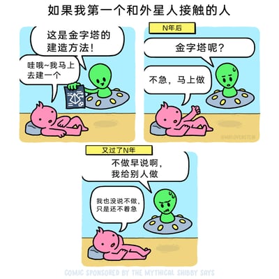 这是一幅三格连环搞笑漫画，以“第一个和外星人接触的人”为脑洞设定展开故事。第一格中，坐在飞碟里的绿色外星人兴奋地递给躺在地上的粉色人类一本金字塔建造手册，说道“这是金字塔的建造方法！”，粉色人类立刻回应“哇哦~我马上去建一个”；第二格是N年后，外星人带着无奈的表情询问“金字塔呢？”，粉色人类依旧躺着，漫不经心地回复“不急，马上做”；第三格是又过了N年，外星人愤怒地指责“不做早说啊，我给别人做”，粉色人类却理直气壮地辩解“我也没说不做，只是还不着急”。漫画用夸张的时间跨度和角色的反差行为，讽刺了现实中那些口头答应却拖延成性、迟迟不付诸行动的行为，同时结合了“金字塔是外星人建造”的经典科幻脑洞，制造出荒诞搞笑的效果。