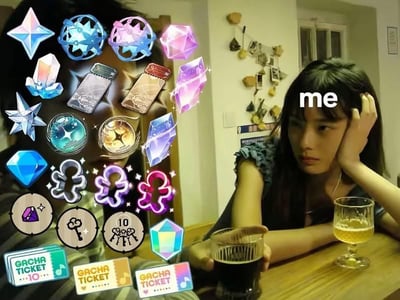 图中展示一位女性（被标注为“me”）坐在木质餐桌旁，左手撑头，右手握着一杯深色饮品，桌上还有一杯浅色饮品。她表情略显纠结，背景是温馨的居家环境。图片左侧密集叠加了多种游戏抽卡相关的闪亮道具图标，包括蓝色、紫色水晶，星形物品，钥匙形状道具以及多张“GACHA TICKET”抽卡券，图标均带有发光特效。整体画面幽默呈现了面对大量游戏抽卡资源时的复杂心情，可能是纠结是否使用或囤货的状态。