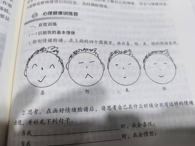 这是一页心理健康训练营的自我训练内容，核心是帮助学习者识别自身基本情绪。内容分为两部分：第一部分是绘制完成的喜、怒、哀、惧四种基本情绪的简笔脸谱，分别用不同的面部表情直观呈现四种情绪；第二部分是思考练习，给出半开放的句子，引导学习者回忆自己在哪些场景下会分别产生喜悦、愤怒等情绪，以此完成对自身情绪触发场景的觉察，整体内容旨在帮助人们学会与情绪对话，觉察情绪背后的信息并及时调控情绪。