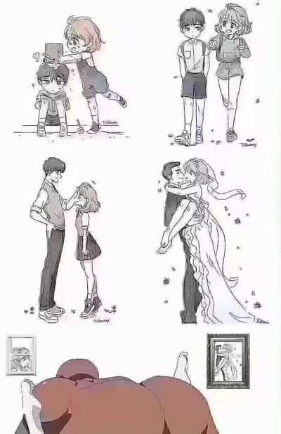 这是一幅描绘情侣从童年到婚礼成长历程的连环漫画，包含五个主要场景：

1. 童年时期：女孩调皮地将一个盒子扣在男孩头上，男孩坐在台阶上一脸懵懂，旁边散落着玩具锤子
2. 少年时期：两人并肩站立，男孩穿着衬衫短裤，女孩穿着背带裤，表情略带羞涩
3. 青年时期：男孩温柔地抚摸女孩的头发，两人眼神交汇充满爱意
4. 婚礼场景：男孩穿着礼服抱着穿着婚纱的女孩，女孩面带幸福笑容，周围有花瓣飘落
5. 老年回忆：一位老人躺在床上，上方墙上挂着他们婚礼的照片，暗示这是他们一生的回忆

整幅漫画采用温馨的线稿风格，通过不同人生阶段的场景展现了一段从青梅竹马到相伴一生的浪漫爱情故事。
