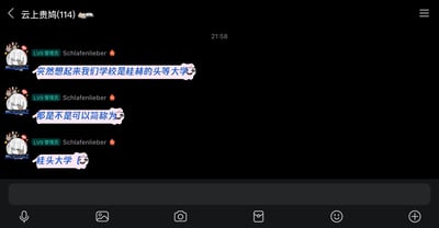 这是一张来自聊天应用的群聊截图，有用户用冷笑话闹梗，把“桂林的头等大学”幽默简称为“桂头大学”，形成了谐音梗。整体气氛轻松搞笑，属于典型的学生群聊冷幽默。这里的“桂头大学”实际上是对“桂林头等大学”一词进行戏谑简化，把地名和“头等”组合成新词，属于语言双关玩笑。
