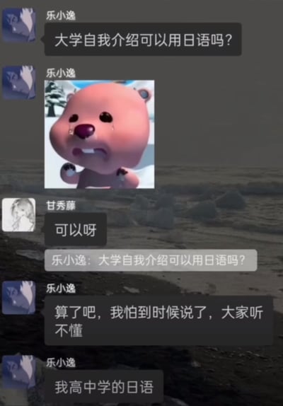 这张梗图是社交群聊截图，内容讨论“大学自我介绍能不能用日语”，发问者还配了哭泣小熊的表情包，表达自己想尝试但又害怕大家听不懂的纠结心理。整个对话幽默、真实，带有自嘲和社恐（社交恐惧）的意味，非常贴合大学新生、外语学习群体的日常感受。