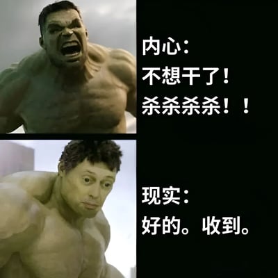 图片分为上下两部分，上半部分是愤怒咆哮的绿巨人，配文'内心：不想干了！杀杀杀杀！！'；下半部分是表情平静的绿巨人，配文'现实：好的。收到。'。通过绿巨人前后情绪的巨大反差，幽默地表现了人们内心想法与现实行为之间的矛盾。