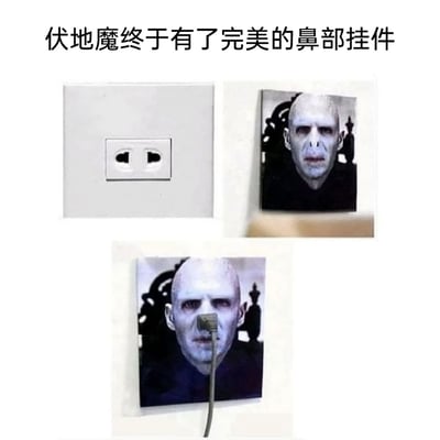 这是一组展示趣味创意插座贴纸的静态拼接图，共包含三张图：第一张是普通的白色两孔插座；第二张是贴在插座位置的《哈利·波特》反派角色伏地魔的画像，伏地魔标志性的无鼻子特征清晰可见；第三张则是将插头插入画像对应插座的位置，插头刚好位于伏地魔脸部原本没有鼻子的地方，视觉上形成了给伏地魔“装上鼻子”的搞笑效果，配合顶部文字“伏地魔终于有了完美的鼻部挂件”，用趣味的方式玩梗，将影视IP元素与家居小创意结合，制造出诙谐的视觉反差。