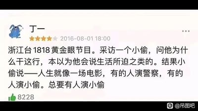 这是一张来自社交媒体平台的静态截图，属于图文混排形式。截图展示了网友“丁一”在2016年8月1日18:00发布的一条四星半评论，该评论获得了8228个点赞。评论内容分享了浙江卫视民生新闻节目《1818黄金眼》中的一段采访：节目人员询问一名小偷为何从事偷窃行为，原本预期小偷会以生活所迫这类常见理由回应，结果小偷却用“人生就像一场电影，有的人演警察，有的人演小偷。总要有人演小偷”这样离谱的言论为自己的行为找借口。截图右下角带有“@吊图吧”的水印，整体以小偷的奇葩言论为核心笑点，这类脱离常规的回应也是《1818黄金眼》节目受到网友喜爱的原因之一，相关内容在社交平台被传播分享。