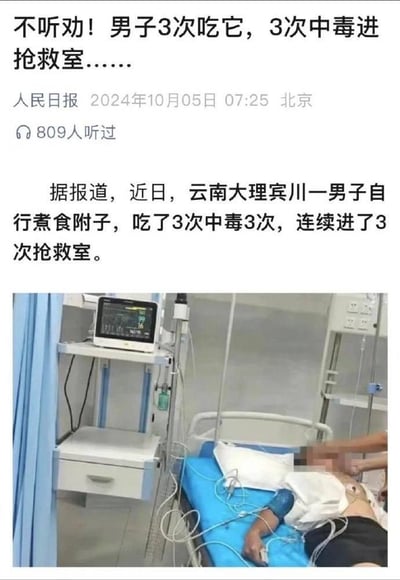 这是一张人民日报的新闻截图，报道了云南大理宾川一男子因三次自行煮食附子而三次中毒送医抢救的事件。图片上方是新闻标题和发布信息，中间是新闻正文，下方配有一张医院病房的照片，显示一名患者躺在病床上，身上连接着医疗设备。