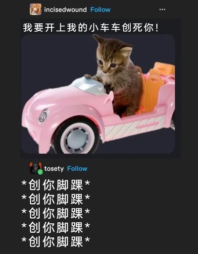 这是一张来自社交平台的截图，顶部用户incisedwound发布了一张小奶猫坐在粉色敞篷玩具车里的照片，配文“我要开上我的小车车创死你！”，用凶狠的语气和可爱的小猫、迷你玩具车形成强烈的反差萌；下方用户tosety重复五次回复“*创你脚踝*”，调侃小猫的玩具车体型太小，只能碰到人的脚踝，戳破了狠话的“威慑力”，进一步放大了搞笑效果，整体内容通过可爱宠物和反差梗制造趣味，是典型的网友玩梗互动内容。