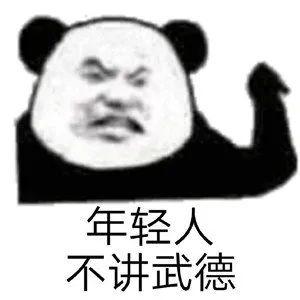 图片为黑白卡通风格的熊猫头表情包，熊猫面部表情愤怒，眉头紧锁，嘴巴紧闭，右臂向上抬起，似在指责或呵斥。图片下方配有黑色文字“年轻人不讲武德”。该表情包借用“不讲武德”这一网络梗，通过夸张的熊猫表情和经典台词，调侃不按套路出牌、突然袭击的行为，具有幽默讽刺效果。