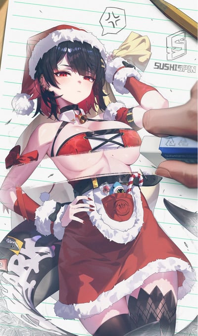 这是一张画师创作的视觉错位趣味插画，主体是米哈游游戏《绝区零》中的角色朱鸢，身着红白色圣诞主题服饰，头戴圣诞帽，脸颊泛红，表情带着害羞又无奈的委屈感。画面采用笔记本纸作为背景，通过模拟橡皮擦拭的视觉错觉效果，营造出角色上半身服饰被“擦掉”的趣味场景，角色的对白气泡里是表示叹气无语的日语拟声词「ハァ」，画面右侧标注有画师署名“SUSHISPIN”。