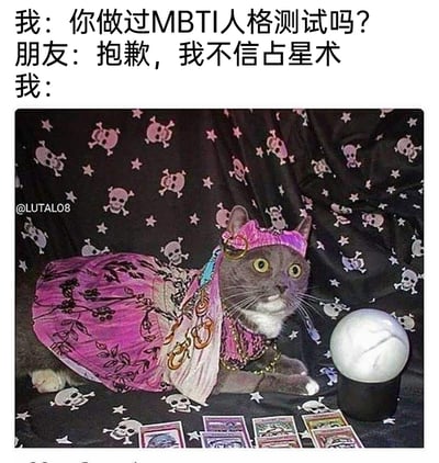 这是一张图文混排的搞笑网络梗图，上方呈现三段对话：“我”向朋友询问是否做过MBTI人格测试，朋友却将MBTI误解为占星术，表明自己不信占星术；下方的图片是一只被精心装扮成占卜师的灰色猫咪，它戴着粉色头巾与带有装饰的服饰，趴在布满骷髅和星星图案的深色背景布上，面前摆放着一个水晶球和几张类似塔罗牌的卡片，猫咪圆睁双眼，神态夸张，用这个形象来回应朋友的误解，把MBTI测试以占卜的方式对应起来，制造出幽默的反差效果，既调侃了部分人对MBTI的认知误区，又通过可爱的宠物创意装扮增添了趣味性，让整个梗图显得生动又搞笑。