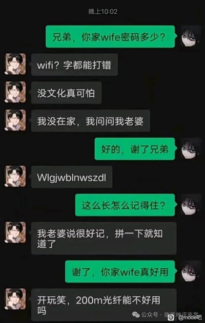 这是一张聊天记录截图，展示了两个好友之间因拼写错误引发的搞笑对话。绿色气泡用户一开始误将"WiFi密码"写成"wife密码"，黑色气泡用户先是嘲笑对方没文化，随后询问自己老婆后发来一串看似复杂的密码"Wlgiwblnwszdl"。当绿色气泡用户表示记不住时，黑色气泡用户提示"拼一下就知道了"（实际是拼音首字母缩写）。最后绿色气泡用户再次误用"wife真好用"，而黑色气泡用户则幽默回应"200m光纤能不好用吗"，形成了双重谐音梗的搞笑效果。