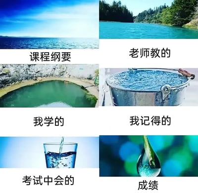 本图通过不同容量的水体与水滴，幽默形象地对比了学习过程中‘课程内容’、‘老师授课’、‘自己学到的’、‘自己记住的’、‘考试能写出的’和‘最终成绩’几个环节之间的递减关系。每一格用一幅图片配以简体中文说明，表现知识内容在实际掌握和考核中的‘大幅缩水’，巧妙传达了绝大多数学生的学习现状和无奈心情。

此图属于典型的学习段子表情包，使用了视觉类比和夸张法。没有明显的谐音梗，但存在‘缩水’的双关暗示（信息量递减 -> 水体变小）。