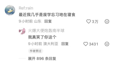 这是一张社交平台评论区的截图，第一条评论由用户Ref:rain发布，内容为“最近我几乎是废学忘习地在寝食”，刻意将常用成语“废寝忘食”拆分重组，颠倒了原本的用词和语序，制造出滑稽的效果，该评论发布于山东，获得了3万点赞。第二条是ID为“火爆大便炮轰南半球”的网友的回复，内容为“我真笑了你这个”，发布地为澳大利亚，获得3431次点赞，且标注有原评论作者点赞的标识，评论区下方还显示有896条回复可展开查看。