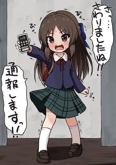 动漫风格插画中，一位穿着蓝色校服夹克和绿色格子裙的女学生正举着手机拨打110紧急电话。她表情紧张，脸颊泛红，长发上系着蓝色蝴蝶结，背着棕色书包，背景是灰色墙壁，周围有表现紧张情绪的线条。