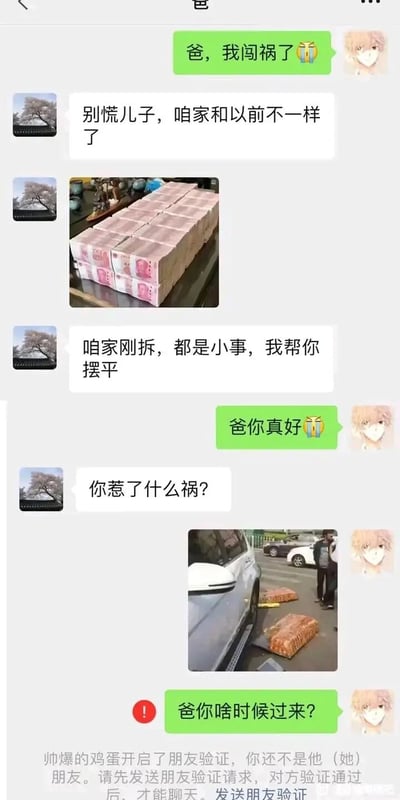 这是一张竖屏的微信聊天记录截图，属于网友创作的搞笑虚构对话。对话中，儿子告知爸爸自己闯祸了，爸爸立刻展示成捆的人民币图片，称自家刚拆迁，有能力帮儿子摆平任何麻烦，让儿子放宽心。儿子表达感激后，爸爸询问闯祸详情，儿子发送了一张显示两箱类似砖头的物体砸在豪车上的图片，并询问爸爸何时过来，结果发现已被爸爸删除好友，发送消息需要通过朋友验证，形成强烈的反转笑点，通过爸爸前后态度的巨大反差，制造出幽默的喜剧效果。