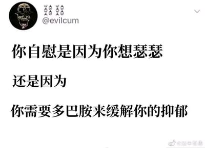 这张图片以调侃的方式，讨论了现代人自慰的动机：到底是单纯想寻求生理快感，还是因为心理压力需要通过多巴胺来缓解抑郁。整体风格幽默讽刺，带点自黑，适合年轻人网络自嘲语境。配文用词‘瑟瑟’为‘色色’的谐音缩写，带有明显暗示。文字结构简单，但直指现代青年的普遍心理状态。