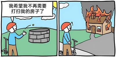 这是一幅两格连环漫画。左格中，戴着红头盔、身穿蓝色上衣和棕色裤子的卡通人物站在一口石井旁，头顶的对白气泡写着“我希望我不再需要打扫我的房子了”。右格中，同一人物面露震惊表情（眼睛睁大、嘴巴微张），背景中他的房子正燃起熊熊大火，黑色浓烟滚滚升起，暗示愿望以极端方式“实现”——因房子烧毁而无需再打扫。