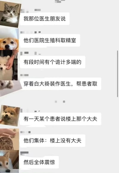 这是一张由多张动物图片和文字对话组成的搞笑梗图。图片左侧是一系列可爱动物（猫、狗、萨摩耶等）的照片，右侧是一段关于医院趣事的对话，讲述了一个关于有人假扮医生在生殖科取精室帮助患者，最终被发现的搞笑故事。对话以气泡形式呈现，层层递进，最后以“楼上没有大夫”的反转结局制造笑点。