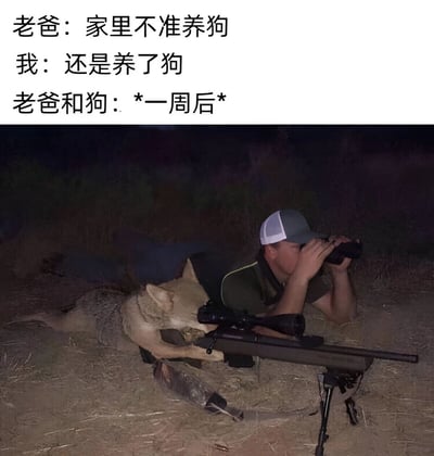 这是一张幽默对比梗图，上方文字描述了父亲反对养狗但孩子依然坚持养狗的情景，下方图片则展示了一周后父亲和狗亲密无间的画面。图中父亲戴着帽子趴在地上，正用望远镜专注观察，旁边躺着一只狗，前方还放着一把步枪，夸张地表现出父亲从反对到极度喜爱狗狗的转变，充满了家庭生活的趣味反转。