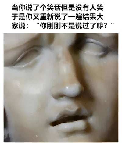 图片上方为文字描述：“当你说了个笑话但是没有人笑 于是你又重新说了一遍结果大家说：‘你刚刚不是说过了嘛？’”，下方是一张古典大理石雕塑的面部特写，雕塑表情平静中带着一丝微妙的僵硬，完美呼应了文字所描述的社交尴尬场景——讲笑话冷场后重复讲述却被指出“说过了”的无奈瞬间。