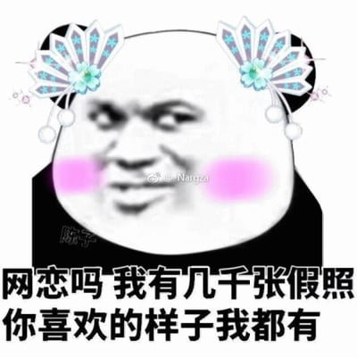 图片主体为一个经典熊猫头表情包角色，其面部被替换为具有戏谑表情的人脸，耳朵两侧装饰有蓝色和白色相间的扇形头饰，头饰上点缀着蓝色宝石和白色绒球，脸颊带有明显的粉色腮红。图片下方配有黑色文字：“网恋吗 我有几千张假照 你喜欢的样子我都有”，整体通过夸张的视觉元素和幽默的文字内容，调侃了网络恋爱中部分人使用虚假照片的现象。