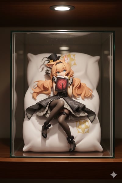 这是一张AI生成的3D风格图片，画面主体是被放置在玻璃展示柜中的猫耳少女手办。少女拥有浅橘色长卷发，头戴迷你黑色礼帽，蓝色眼眸看向镜头，脸上带着羞涩的笑意，双手举着一个带有红色发光界面的设备挡住半张脸。她身着灰黑配色的精致洋装，搭配黑色长筒袜和带有蝴蝶结的黑色小皮鞋，正慵懒地倚靠在印有金色花纹的白色大抱枕上。玻璃展示柜被放置在木质层架上，顶部的射灯投射出柔和光线，将手办照亮，整体氛围温馨且充满精致感，仿佛是收藏者珍视的藏品。