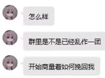 一张聊天记录截图，显示一个粉色头发戴口罩的动漫角色连续发送三条消息：'怎么样'、'群里是不是已经乱作一团'和'开始商量着如何挽回我'，表现出一种期待他人反应的得意情绪。