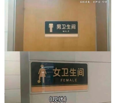 图片为上下对比结构，上方展示男卫生间标识：棕色门板上的黑色标牌，含标准男性简笔画图标及“男卫生间 MALE”中英文文字；下方为女卫生间标识：银色门板标牌，女性简笔画图标底部被添加圆形图案，形似人物“踢皮球”动作，标牌文字为“女卫生间 FEMALE”，下方额外标注“(现状)”字样。通过修改女厕图标制造幽默视觉效果，暗讽某种“踢皮球”的社会现象。