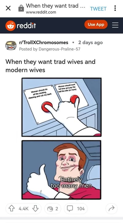这是一张来自Reddit社区r/TrollXChromosomes的帖子截图，发布于2天前，作者为Dangerous-Praline-57。帖子标题为'When they want trad wives and modern wives'，内容包含一组上下两格的连环漫画。第一格中，一只戴着白手套的手同时按下两个标有不同文字的按钮：左侧按钮写着'Women should do all the cooking, cleaning and rub my back'（女性应承担所有烹饪、清洁和为我按摩），代表传统妻子的家庭角色；右侧按钮写着'Women should work but also pay for the bills (or more)'（女性应工作并支付账单或更多），暗示对现代妻子的经济要求。第二格中，一名红发男性面带得意微笑并竖起大拇指，下方配文'Entirely too many men'（太多男性都这样），以此讽刺部分男性对女性角色的双重标准，既希望女性履行传统家务职责，又要求其承担现代职场和经济责任。