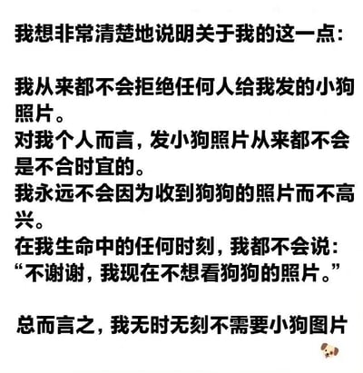 这是一张纯文字梗图，背景为纯白色，主体是黑色文字，内容以郑重声明的语气表达了对接收小狗照片的强烈喜爱：“我从来都不会拒绝任何人给我发的小狗照片”“发小狗照片从来都不会是不合时宜的”“永远不会因为收到狗狗的照片而不高兴”，并强调“在我生命中的任何时刻，我都不会说‘不谢谢，我现在不想看狗狗的照片’”，最后总结“总而言之，我无时无刻不需要小狗图片”。图片右下角有一个小型的小狗emoji图案，增强了萌宠主题的氛围。