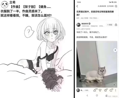 这是一张左右对比的二次创作玩梗图：左侧是《BanG Dream! It's MyGO!!!!!》角色高松立希的同人线稿图，配文模仿知乎养宠回答的句式，描述“衣服脱了一半、作曲灵感来了时，被盯着无法入睡”的无奈场景；右侧是知乎问题「在养宠过程中，你是否有过特别崩溃的瞬间？」下的真实回答，答主分享了给猫剃毛到一半推子没电，猫盯着自己不走的崩溃经历。图中通过模仿文案结构，将二次元角色的无奈与养宠人的尴尬对应，制造出错位的搞笑笑点，引发二次元爱好者和养宠人群的共鸣。
