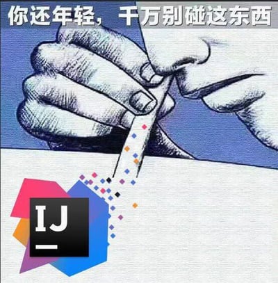 这是一张程序员圈子的自嘲梗图，改编自禁毒警示图：原本表现“远离毒品”的卡通画面，被修改为人物用类似吸食毒品的动作“吸”IntelliJ IDEA（简称IJ，一款主流Java编程集成开发环境）的图标，顶部配文“你还年轻，千万别碰这东西”，用夸张的方式调侃这款编程工具功能强大、极易让人沉迷，如同“上瘾”一般，是程序员对日常编程工作的趣味玩梗。