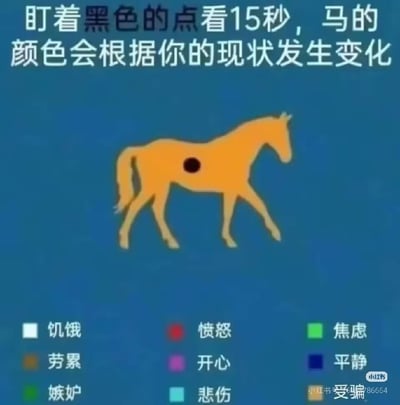 这是一张整蛊类趣味网络梗图，整体背景为蓝色，中间位置是一匹橙色的、呈行走姿态的马，马的躯干处有一个黑色圆点。图片上方配有引导文字，诱导观看者盯着马身上的黑点看15秒，谎称马的颜色会根据观看者的现状发生变化，下方还列出了不同颜色对应的情绪状态，最后一个选项为「受骗」，实际是利用用户的好奇心理进行整蛊，马的颜色并不会发生改变，反应过来的观看者就会对应到「受骗」的状态，笑点在于恶搞误导观看者。