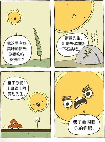 这是一幅四格漫画，描绘了拟人化太阳对不同对象的态度转变。第一格中，微笑的太阳对树说："我这里有些美味的阳光你要吃吗，树先生？"；第二格中，太阳对石头上的蜥蜴说："蜥蜴先生，让我帮你加热一下石头吧。"；第三格中，太阳对着路上行驶的汽车说："至于你呢？上班路上的劳动先生。"；第四格中，太阳表情变得愤怒，大喊："老子要闪瞎你的狗眼。"。通过太阳对自然生物的友好与对上班族的愤怒形成鲜明对比，展现了一种幽默的讽刺。