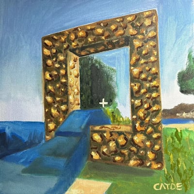 这是一幅具有超现实主义色彩的绘画，画面主体是一个由黄色石块组成的巨大矩形门洞，造型类似传送门。门前有一条蓝色的台阶或者道路与门洞相连，门的背后是一些树木和草地，天蓝色的背景象征晴朗的天空。整体画面充满幻想气息，空间错位和结构设计让人联想到进入异世界或传送门的概念，给观者带来梦幻般的体验。画作右下角有艺术家签名“CATDE”。