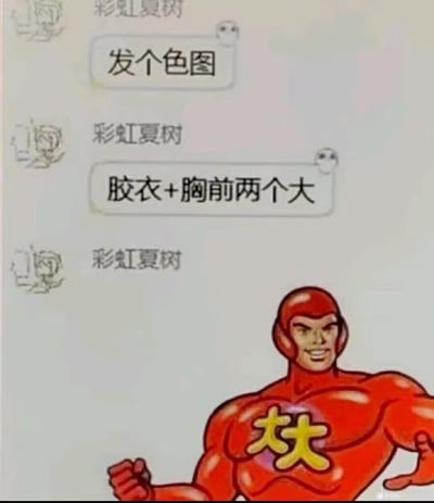 这是一张聊天记录结合P图的搞笑梗图：用户“彩虹夏树”先是提出要一张色图，接着补充要求为“胶衣+胸前两个大”，最后收到的回应是一个穿着红色胶衣的卡通英雄形象，英雄胸前印有两个大大的“大”字。
梗点在于利用文字歧义玩梗，将用户原本要求的“胸部丰满”曲解成“胸前有两个‘大’字”，用字面意思精准回应需求，制造出强烈的搞笑反差效果。
