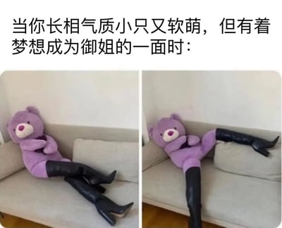 这是一张左右对比的图文梗图，上方配有文字“当你长相气质小只又软萌，但有着梦想成为御姐的一面时：”。图中主体是一只外形软萌的紫色毛绒小熊，被人为搭配了一双黑色过膝高跟长靴，左侧画面里小熊双腿交叉，慵懒地靠在沙发上；右侧画面里小熊将一条腿搭在沙发靠垫上，模仿御姐的随性坐姿。通过可爱玩偶与成熟御姐造型、姿势的强烈反差，生动地表现出外表软萌但内心渴望走御姐风格的反差状态，充满搞笑趣味，很容易引发有类似心境的人的共鸣。