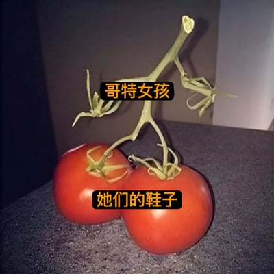 图片中展示了两颗鲜红的番茄，放置在深色台面上，番茄顶部的绿色茎秆呈现出弯曲向上的形态。画面中用黄色文字标注：上方茎秆处写着“哥特女孩”，下方番茄本体处写着“她们的鞋子”。这张梗图通过番茄茎秆细长、弯曲且略带尖锐的造型，巧妙类比了哥特风格女孩常穿的高筒尖头皮鞋，形成一种视觉上的趣味联想，属于典型的生活物品创意梗。