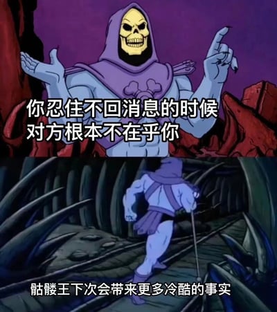 这是一张上下对比的梗图，使用了《宇宙的巨人希曼》中反派角色骷髅王的两张动画截图。上图中骷髅王戴着紫色斗篷，露出黄色骷髅头，一只手指向上方，表情嘲讽，配文“你忍住不回消息的时候 对方根本不在乎你”。下图中骷髅王正走入一个黑暗的隧道，配文“骷髅王下次会带来更多冷酷的事实”。图片通过骷髅王这一经典反派角色的形象，用幽默的方式表达了社交中关于不回消息的残酷真相。