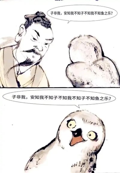 这是一张分为上下两格的水墨风格搞笑漫画，改编自经典哲学辩论“濠梁之辩”。上格中，古装形象的庄子面带狡黠，眼神微眯，对着拟人化的猫头鹰说出一句绕逻辑的辩论语：“子非我，安知我不知子不知鱼之乐？”；下格中，猫头鹰瞪大双眼，嘴巴大张，用更夸张的套娃句式“子非我，安知我不知子不知子不知鱼之乐？”回应，将原辩论的逻辑进行无限叠加，制造出荒诞搞笑的反差感，用拟人化的动物替换原对话中的惠子，把严肃的哲学辩论变成了无厘头的套娃对决，画风诙谐，笑点十足。