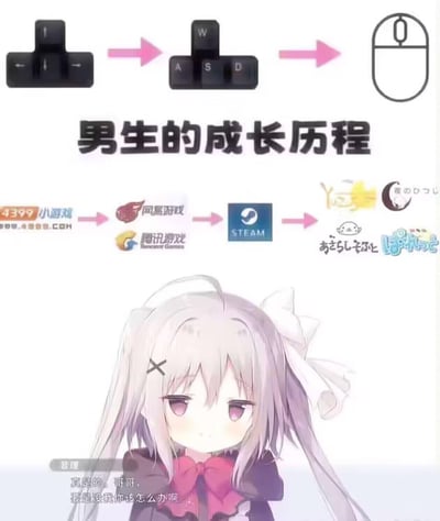 这张拼贴梗图分为上下两个递进展示区，调侃了部分男性玩家的游戏喜好成长路径：
1. 操作设备维度：从使用方向键玩小游戏，过渡到用WASD键玩PC端网游/单机，最后到只用鼠标操作的视觉小说类游戏；
2. 游戏平台维度：从4399小游戏平台，到网易、腾讯的大众向网游平台，再到Steam综合性游戏平台，最后转向YUZUSOFT、枕社等日系美少女视觉小说发行商。
图的底部是美少女游戏《ATRI -My Dear Moments-》的角色亚托莉（图中误标注为音理），她的台词“真是的，哥哥，要是没我你该怎么办啊”，进一步玩梗暗示玩家最终沉浸在和美少女角色的互动中。