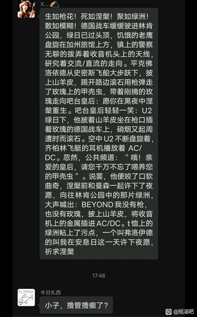 这是一张社交媒体聊天记录截图，展示了一段充满摇滚乐队名称梗的创意诗歌。内容中密集引用了多个著名摇滚乐队和歌手名称作为隐喻，包括枪花、涅槃、绿洲、德国战车、绿日、平克弗洛伊德、U2、AC/DC、齐柏林飞艇、曼森、BEYOND等，形成了一段看似荒诞却充满音乐文化元素的叙事。底部有用户评论“小子，撸管撸疯了？”，暗示对这段创意文字的调侃。