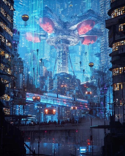 这是一幅赛博朋克风格的未来都市夜景图。画面中充斥着高耸入云的摩天大楼，建筑表面布满闪烁的霓虹灯光，以蓝色和紫色为主色调，营造出迷离梦幻的氛围。中央矗立着一座巨大的悬浮结构，底部连接着粗壮的支柱，顶部延伸出十字形平台，平台边缘悬挂着多个红色球形装置。空中有轨道列车和圆形 gondola 式交通工具穿梭，地面层可见密集的建筑群和模糊的人群轮廓，整体呈现出高度发达、科技感十足的未来城市景象。